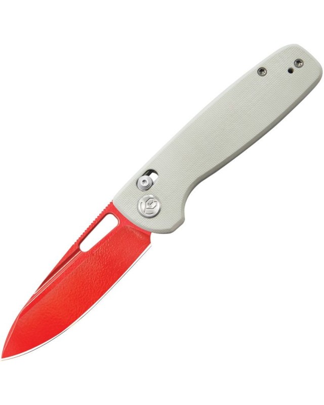 Bluff Axis Lock 14C28N steel blade Red Cerakote finish White G10 handle